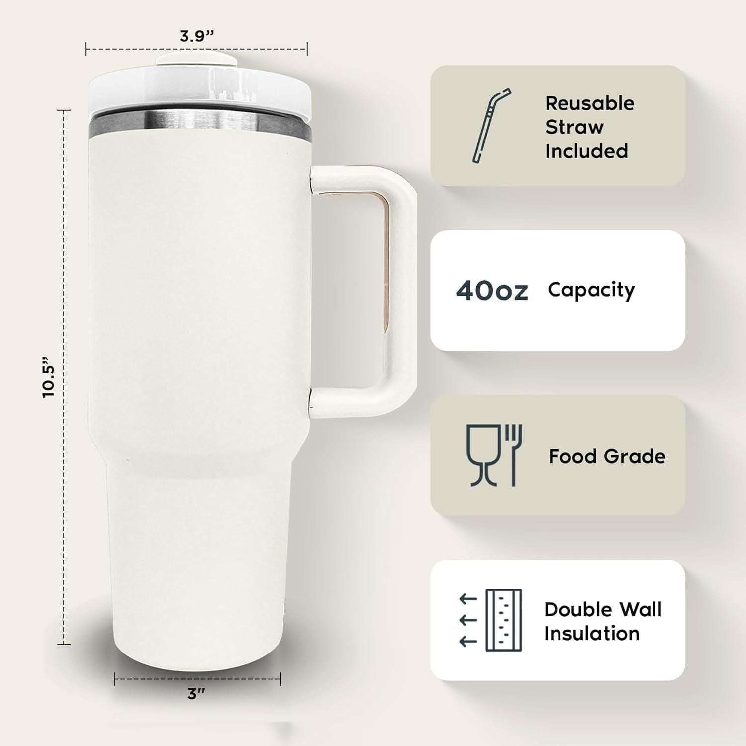 Tumbler 40oz - Thermal Cup with Straw and Sipper Lip - Thermal Tumbler with Straw - Cold for 11 Hours - Ice for 48 Hours - 1200 ml